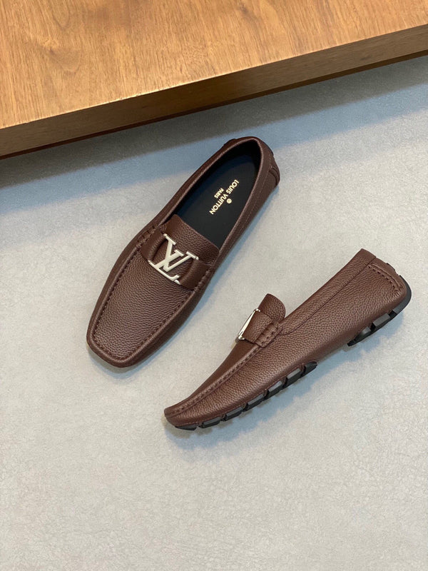 LV LOAFER IN CHOCOLATE BROWN WRINKLE CALFSKIN WITH SILVER LOGO
