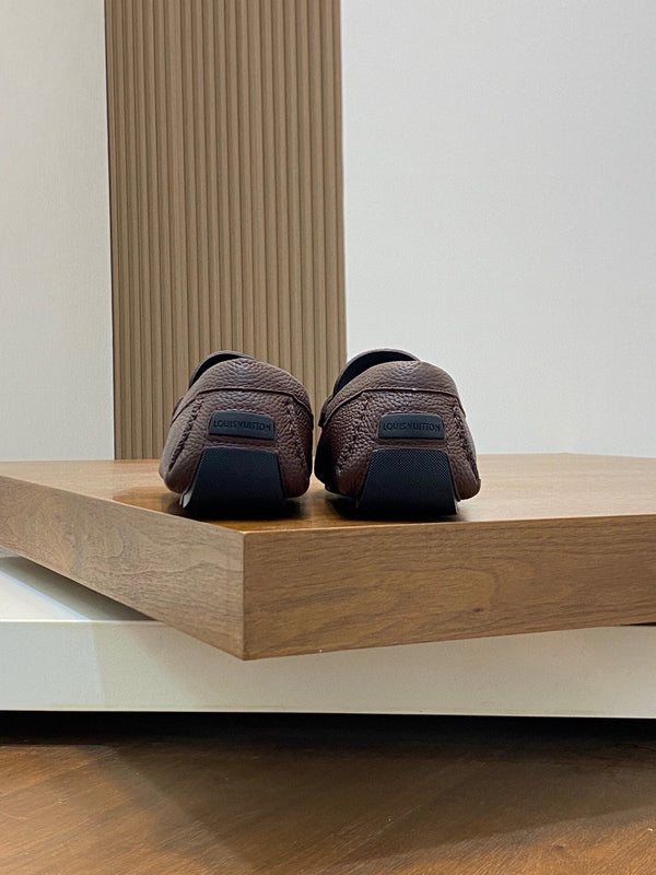 LV LOAFER IN CHOCOLATE BROWN WRINKLE CALFSKIN WITH SILVER LOGO