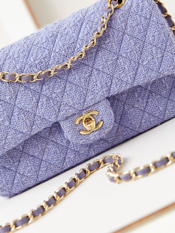 24p medium flap bag 25cm purple blue tweed gold hardware