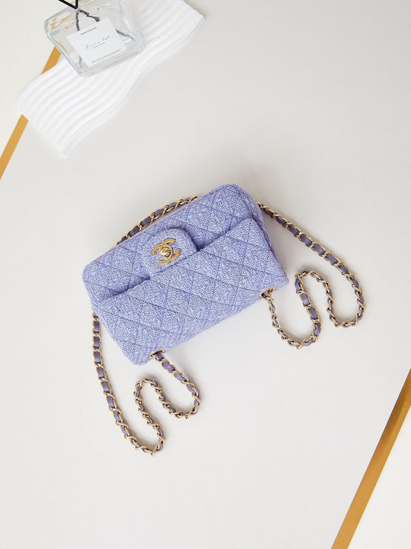 24p small flap bag 20cm purple blue tweed gold hardware