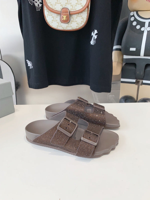 BIRKENSTOCK SLIPPERS ATTACHED RHINESTONES IN BROWN CALFSKIN
