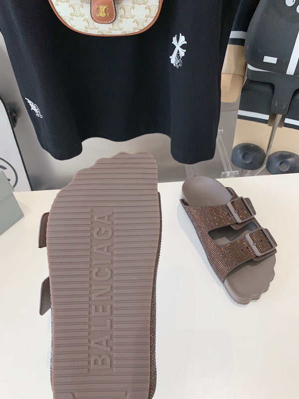 BIRKENSTOCK SLIPPERS ATTACHED RHINESTONES IN BROWN CALFSKIN