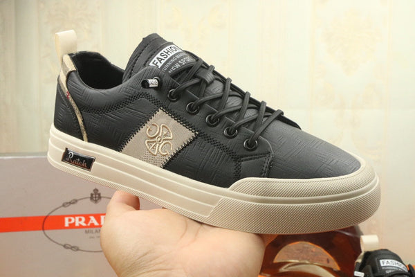 PRA TRAINER IN BLACK CALFSKIN AND TAN EMBROIDERED FABRIC