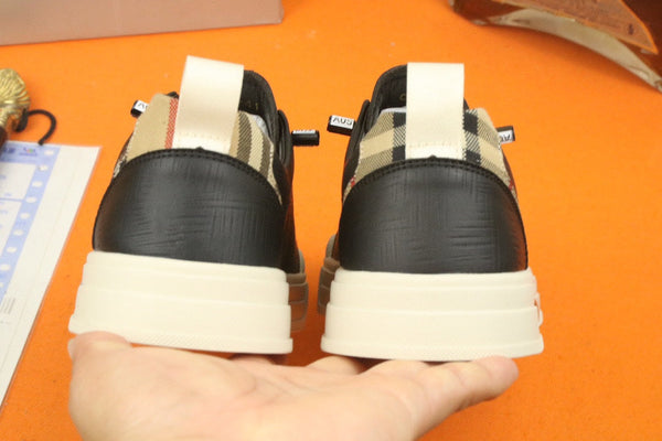 PRA TRAINER IN BLACK CALFSKIN AND TAN EMBROIDERED FABRIC