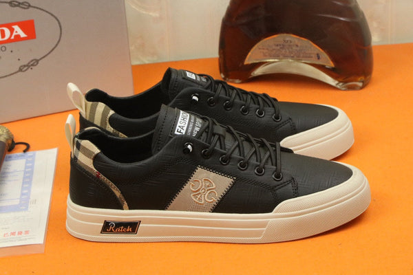 PRA TRAINER IN BLACK CALFSKIN AND TAN EMBROIDERED FABRIC