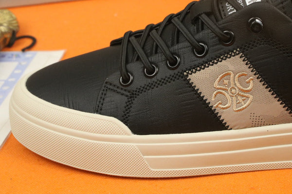 PRA TRAINER IN BLACK CALFSKIN AND TAN EMBROIDERED FABRIC