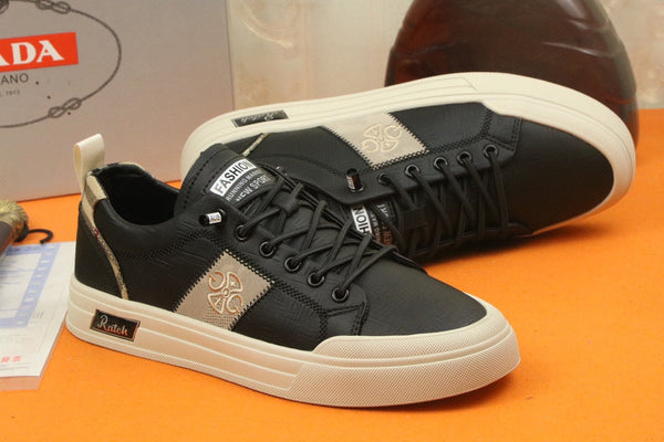 PRA TRAINER IN BLACK CALFSKIN AND TAN EMBROIDERED FABRIC