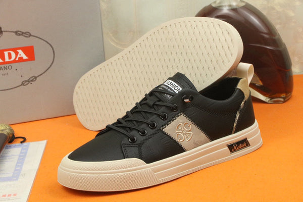 PRA TRAINER IN BLACK CALFSKIN AND TAN EMBROIDERED FABRIC