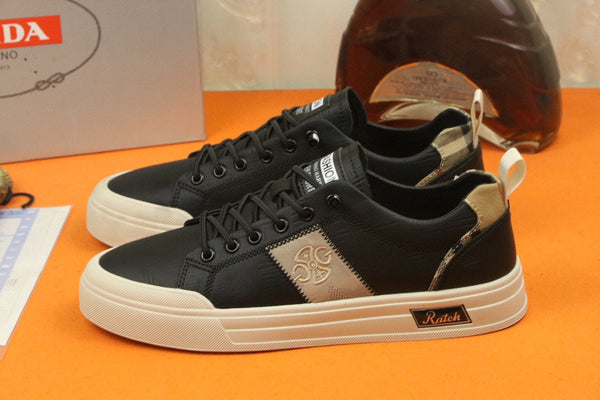 PRA TRAINER IN BLACK CALFSKIN AND TAN EMBROIDERED FABRIC