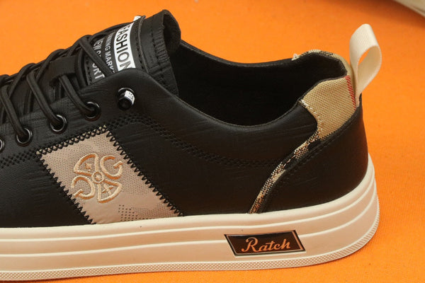 PRA TRAINER IN BLACK CALFSKIN AND TAN EMBROIDERED FABRIC