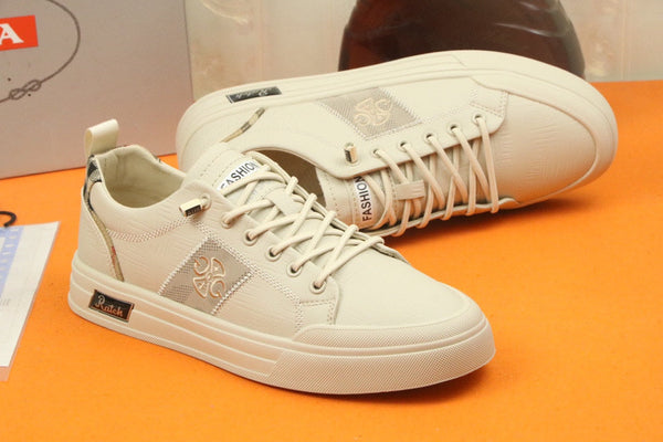 PRA TRAINER IN BEIGE CREAM CALFSKIN AND TAN EMBROIDERED FABRIC