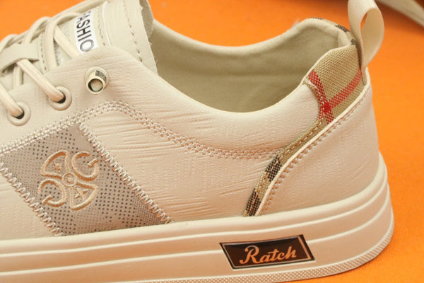 PRA TRAINER IN BEIGE CREAM CALFSKIN AND TAN EMBROIDERED FABRIC