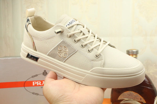 PRA TRAINER IN BEIGE CREAM CALFSKIN AND TAN EMBROIDERED FABRIC