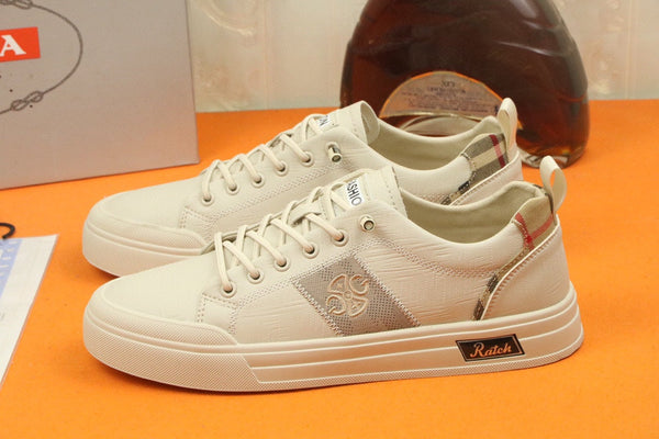 PRA TRAINER IN BEIGE CREAM CALFSKIN AND TAN EMBROIDERED FABRIC