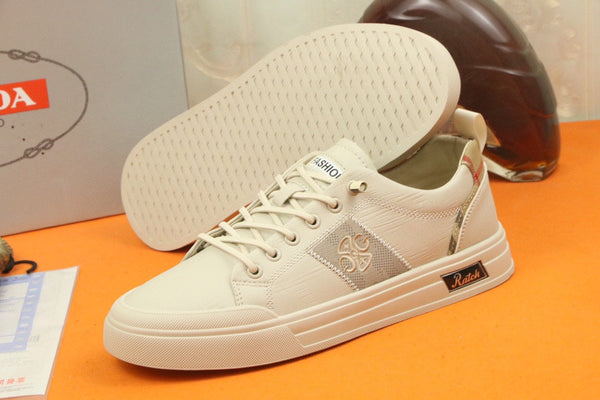 PRA TRAINER IN BEIGE CREAM CALFSKIN AND TAN EMBROIDERED FABRIC