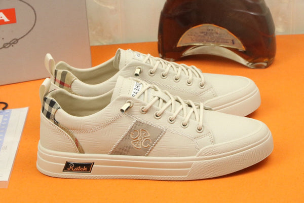 PRA TRAINER IN BEIGE CREAM CALFSKIN AND TAN EMBROIDERED FABRIC