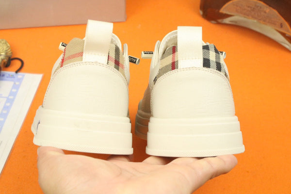 PRA TRAINER IN BEIGE CREAM CALFSKIN AND TAN EMBROIDERED FABRIC