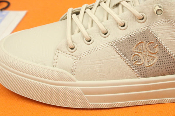 PRA TRAINER IN BEIGE CREAM CALFSKIN AND TAN EMBROIDERED FABRIC