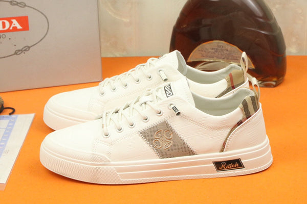 PRA TRAINER IN WHITE CALFSKIN AND TAN EMBROIDERED FABRIC