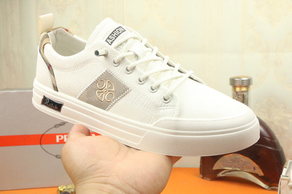 PRA TRAINER IN WHITE CALFSKIN AND TAN EMBROIDERED FABRIC