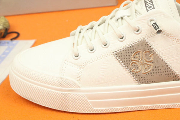 PRA TRAINER IN WHITE CALFSKIN AND TAN EMBROIDERED FABRIC