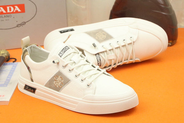 PRA TRAINER IN WHITE CALFSKIN AND TAN EMBROIDERED FABRIC