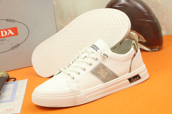 PRA TRAINER IN WHITE CALFSKIN AND TAN EMBROIDERED FABRIC