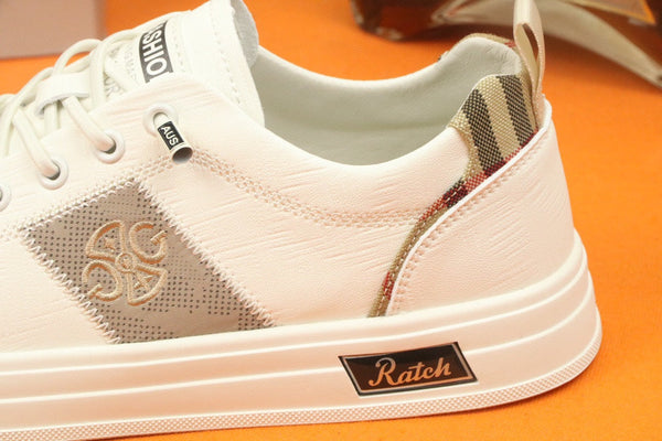 PRA TRAINER IN WHITE CALFSKIN AND TAN EMBROIDERED FABRIC