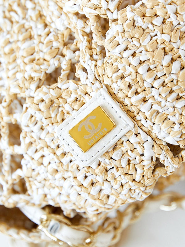 cc coco beach bag 32cm beige raffia white leather