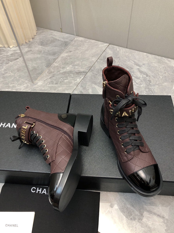 CC Short Boots 45mm In Brown Red Mix Black Quilted Lambskin And Glossy Cowhide 950033