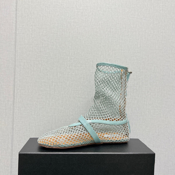 ALAIA SHORT BOOTS IN LIGHT BLUE MESH FISHNET