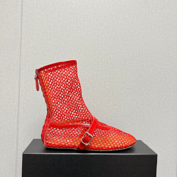 ALAIA SHORT BOOTS IN ORANGE RED MESH FISHNET