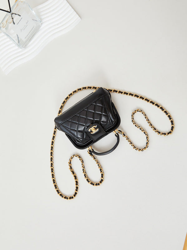 CC 24A Mini Top Handle 13cm Black Wax Leather Gold Hardware 238455