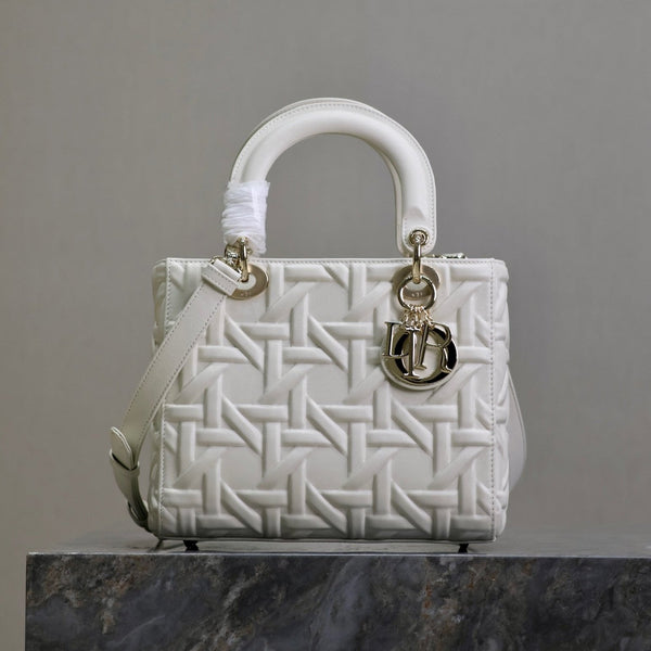 Borsa da donna 20 cm in pelle di agnello grafica bianca