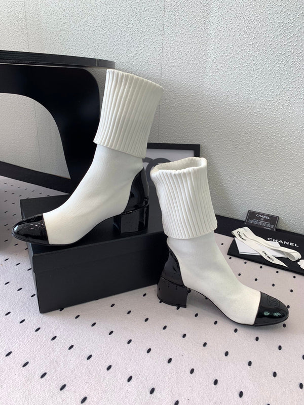 CC Short Boots 55mm White Black Wool Mix Glossy Cowhide 938067