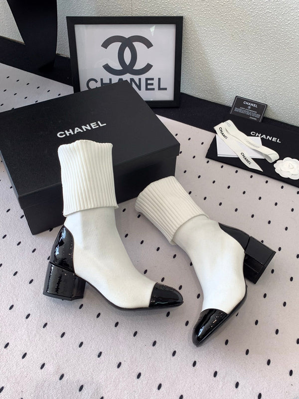 CC Short Boots 55mm White Black Wool Mix Glossy Cowhide 938067