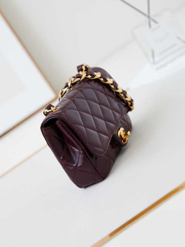 CC 24B Mini Flap Bag 20cm Burgundy Lambskin Gold Hardware