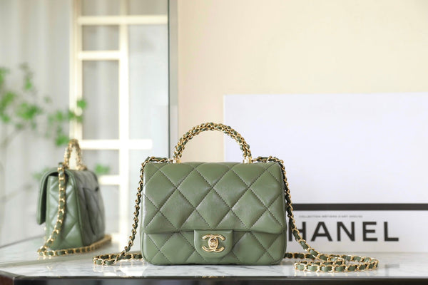 24b mini flap bag 19cm top handle green lambskin