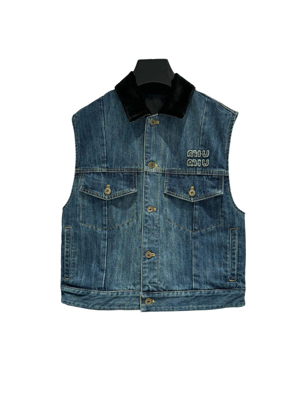 Miu Navy Denim Trucker Vest