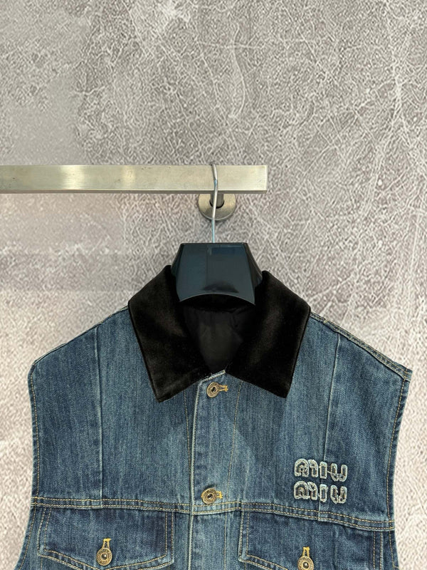 Miu Navy Denim Trucker Vest