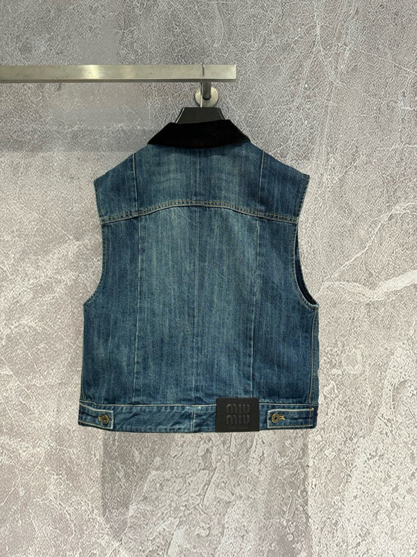 Miu Navy Denim Trucker Vest