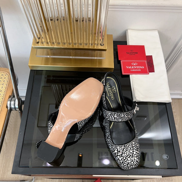 MARY-JANE VLOGO LOCKER SLINGBACK PUMPS BLACK SHEEPSKIN WITH 60MM CRYSTALS