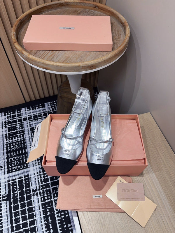 Miu Ballet Flat Silver Metallic Sheepskin