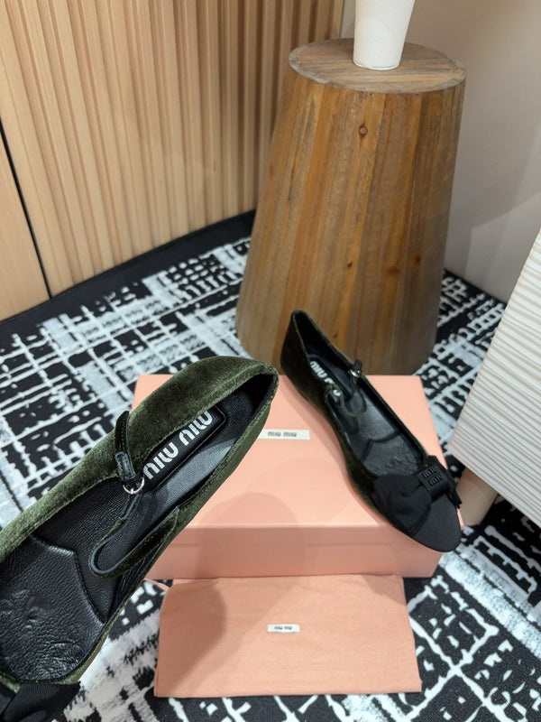 Miu Ballet Flat Dark Green And Black Velvet