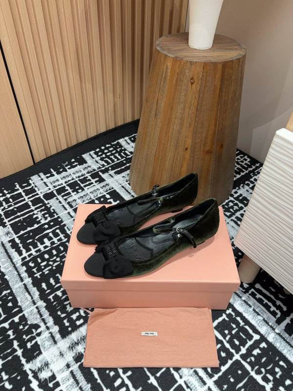 Miu Ballet Flat Dark Green And Black Velvet
