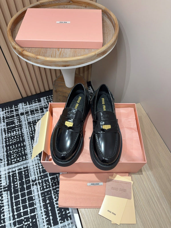 Miu Loafers Coin Shaped Thick Sole Glossy Black Cowhide