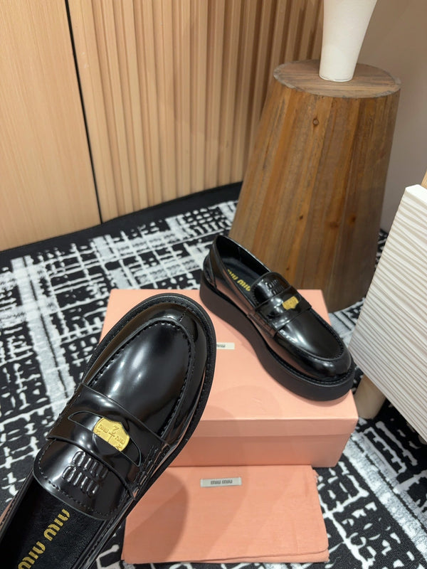 Miu Loafers Coin Shaped Thick Sole Glossy Black Cowhide