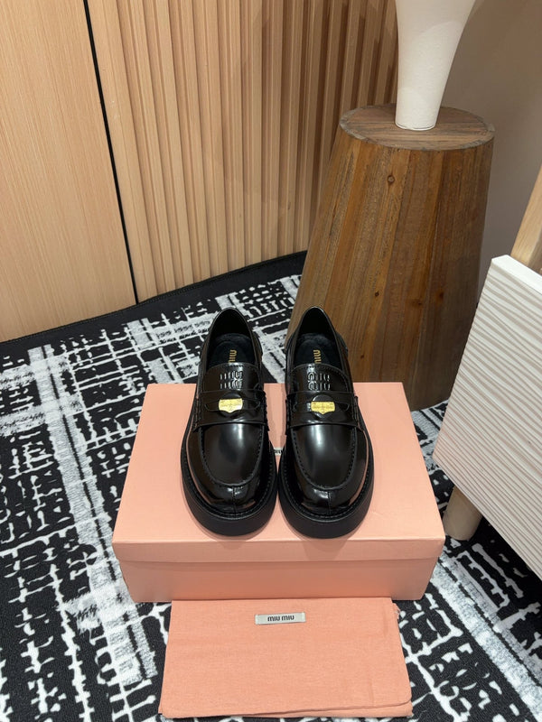 Miu Loafers Coin Shaped Thick Sole Glossy Black Cowhide