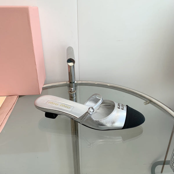 Miu Sandals Square Heel Shoes Silver Leather