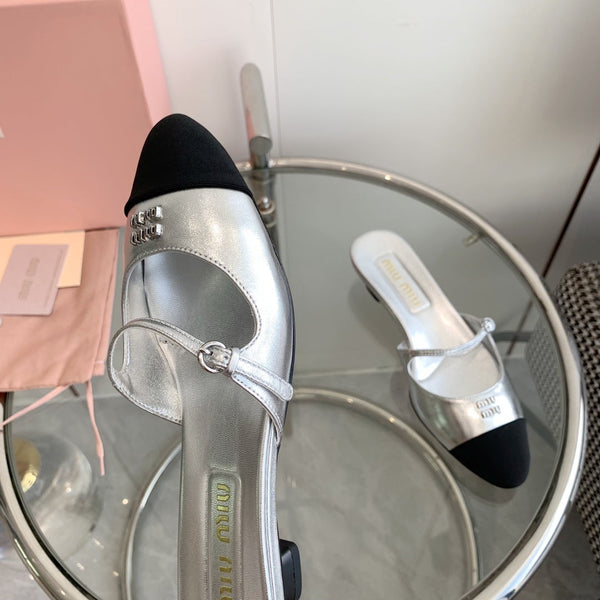 Miu Sandals Square Heel Shoes Silver Leather